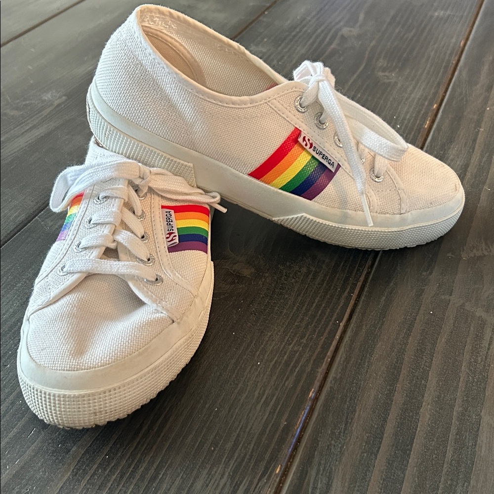 Superga White Canvas Sneakers with Rainbow Detail size 6 GUC
